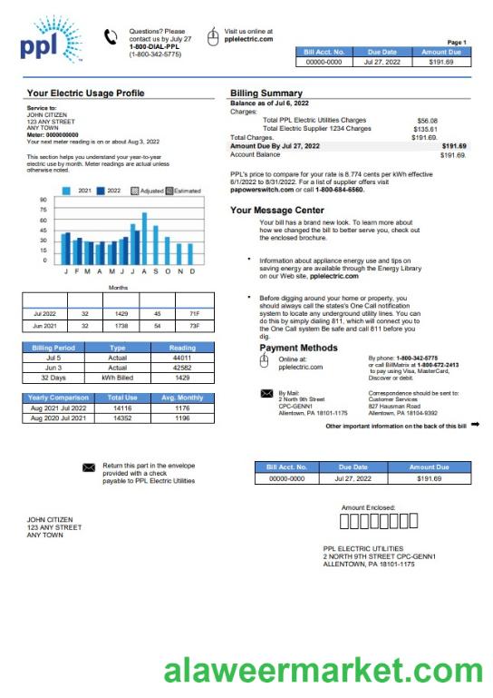 USA Philadelphia PPL utility bill template in Word and PDF format